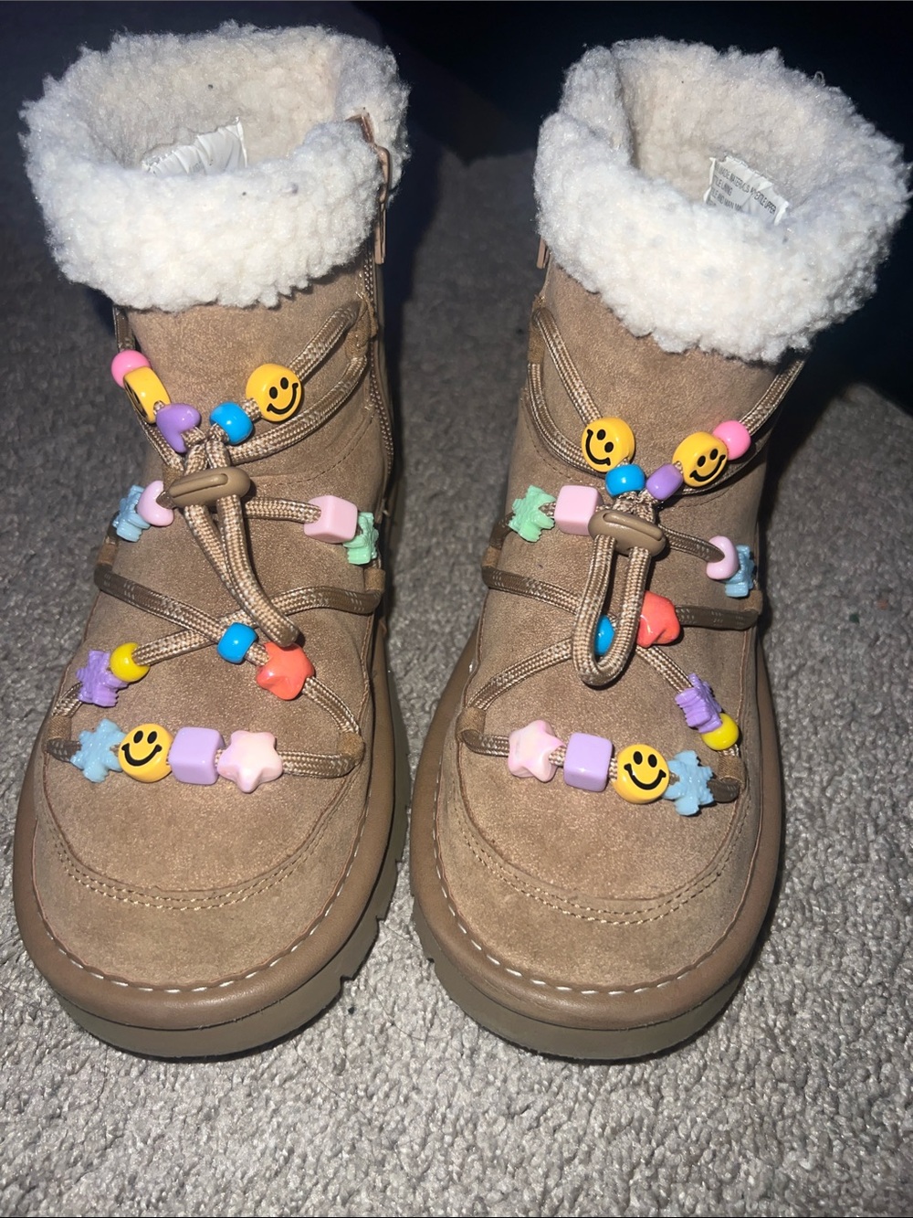 art class Tan Faux-Suede Kids Boots with Pastel Bead & Smiley Details